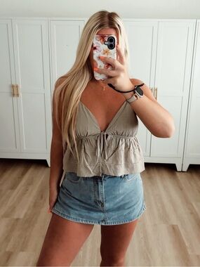 Brown open front tie knit crochet top
